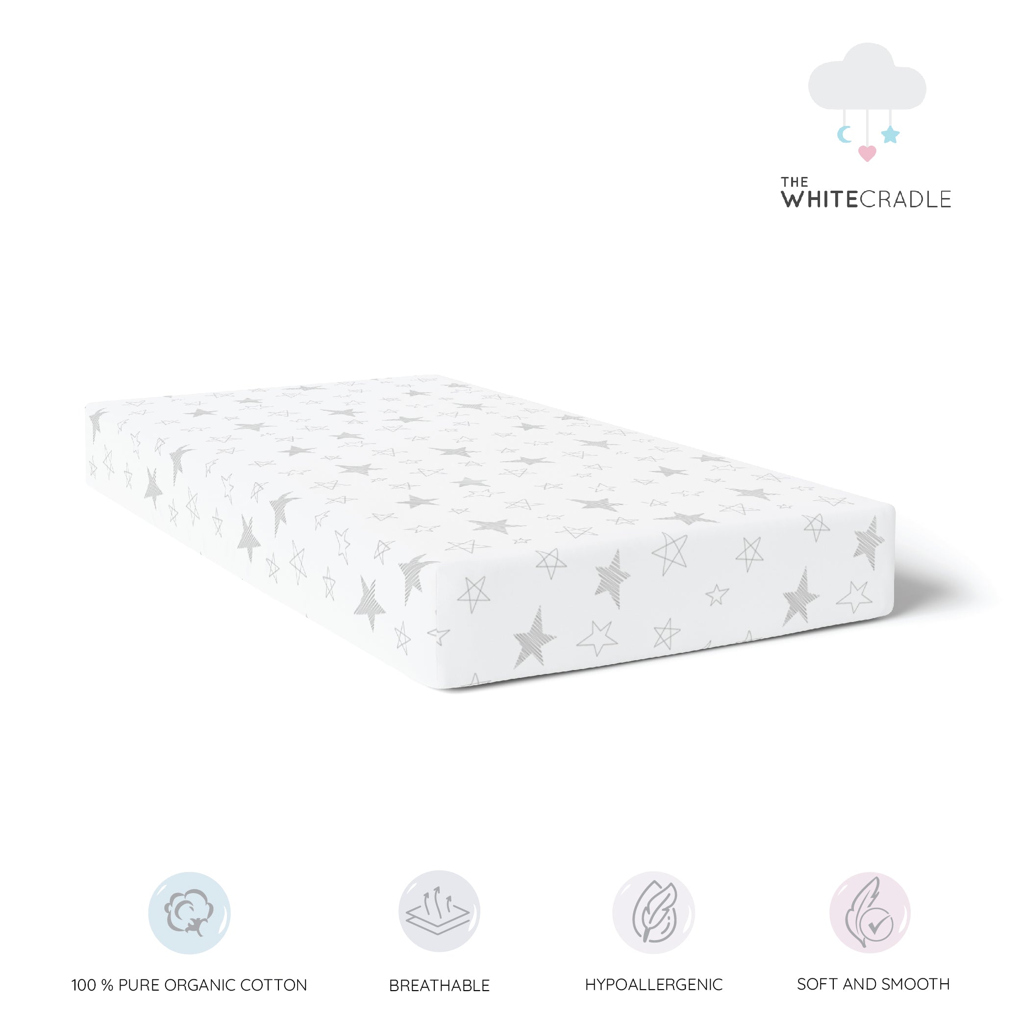 The White Cradle Pure Organic Cotton Fitted Cot Sheet for Baby Crib 24 x 48 inch - Big Stars (Medium)