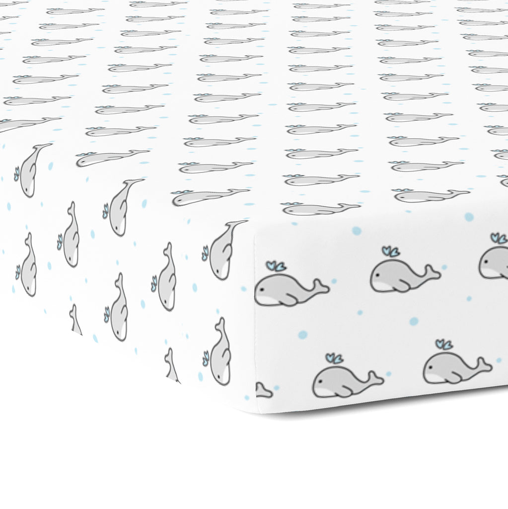 The White Cradle Pure Organic Cotton Fitted Cot Sheet for Baby Crib 28 x 52 inch - Grey Whale with Blue Dots (Large)