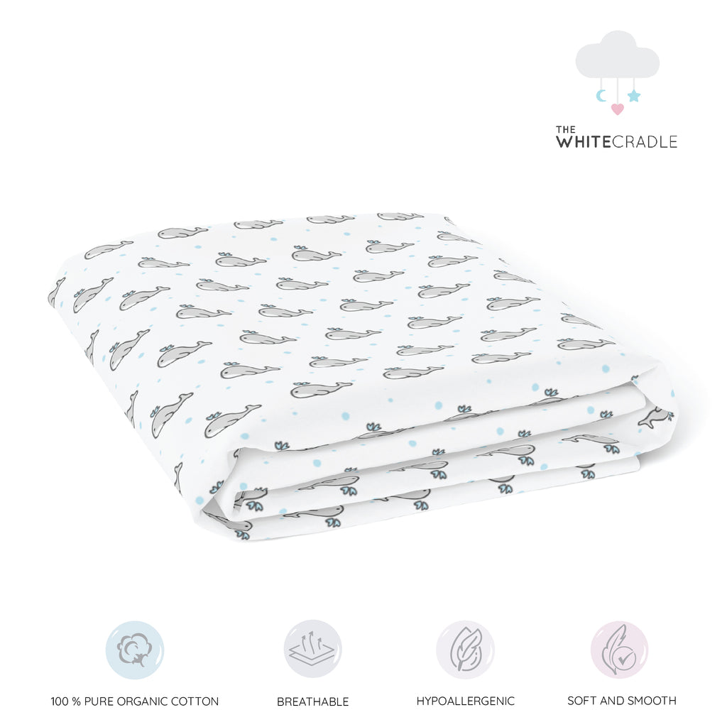 The White Cradle Pure Organic Cotton Fitted Cot Sheet for Baby Crib 24 x 48 inch - Grey Whale with Blue Dots (Medium)