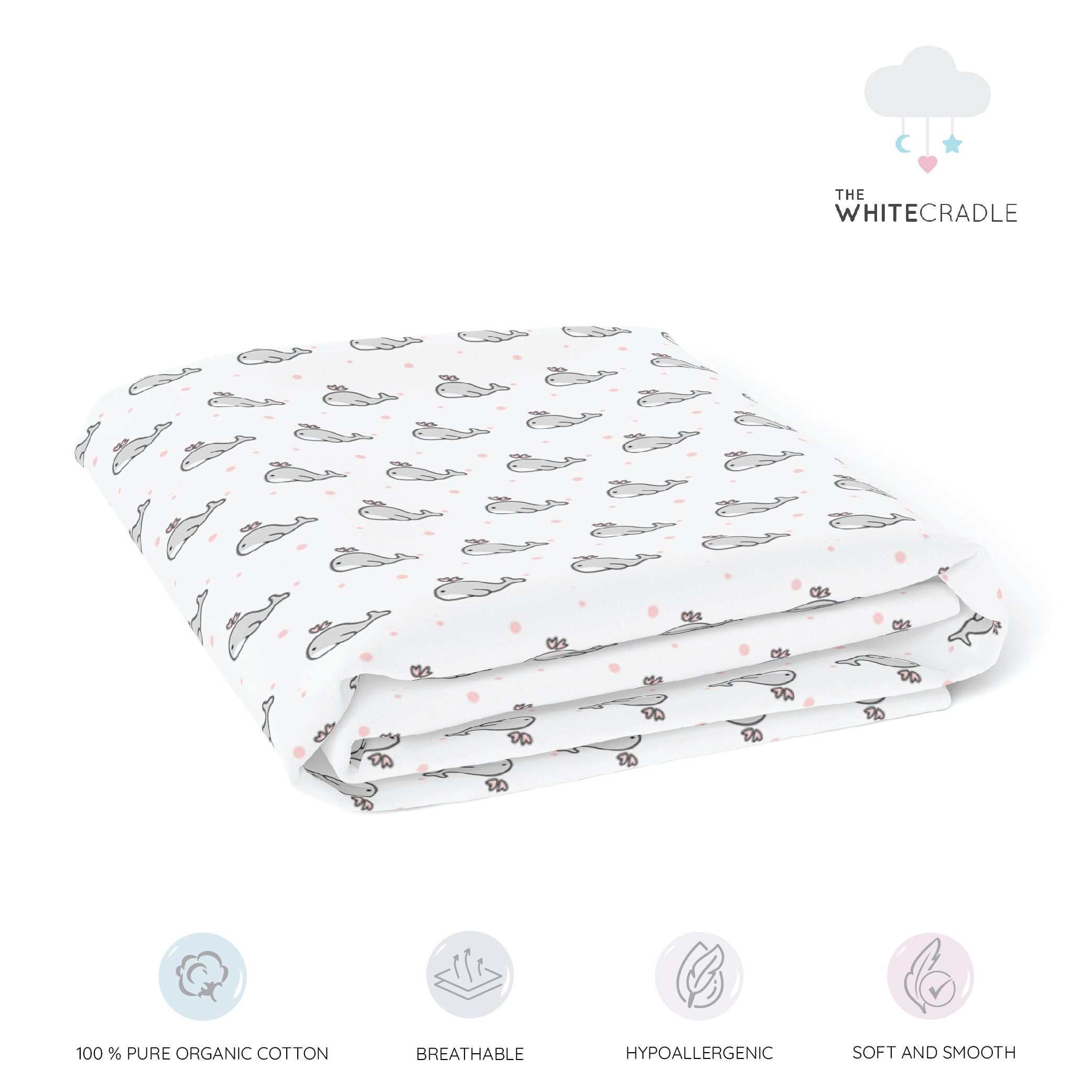 The White Cradle Pure Organic Cotton Fitted Cot Sheet for Baby Crib 28 x 52 inch - Grey Whale with Pink Dots (Large)