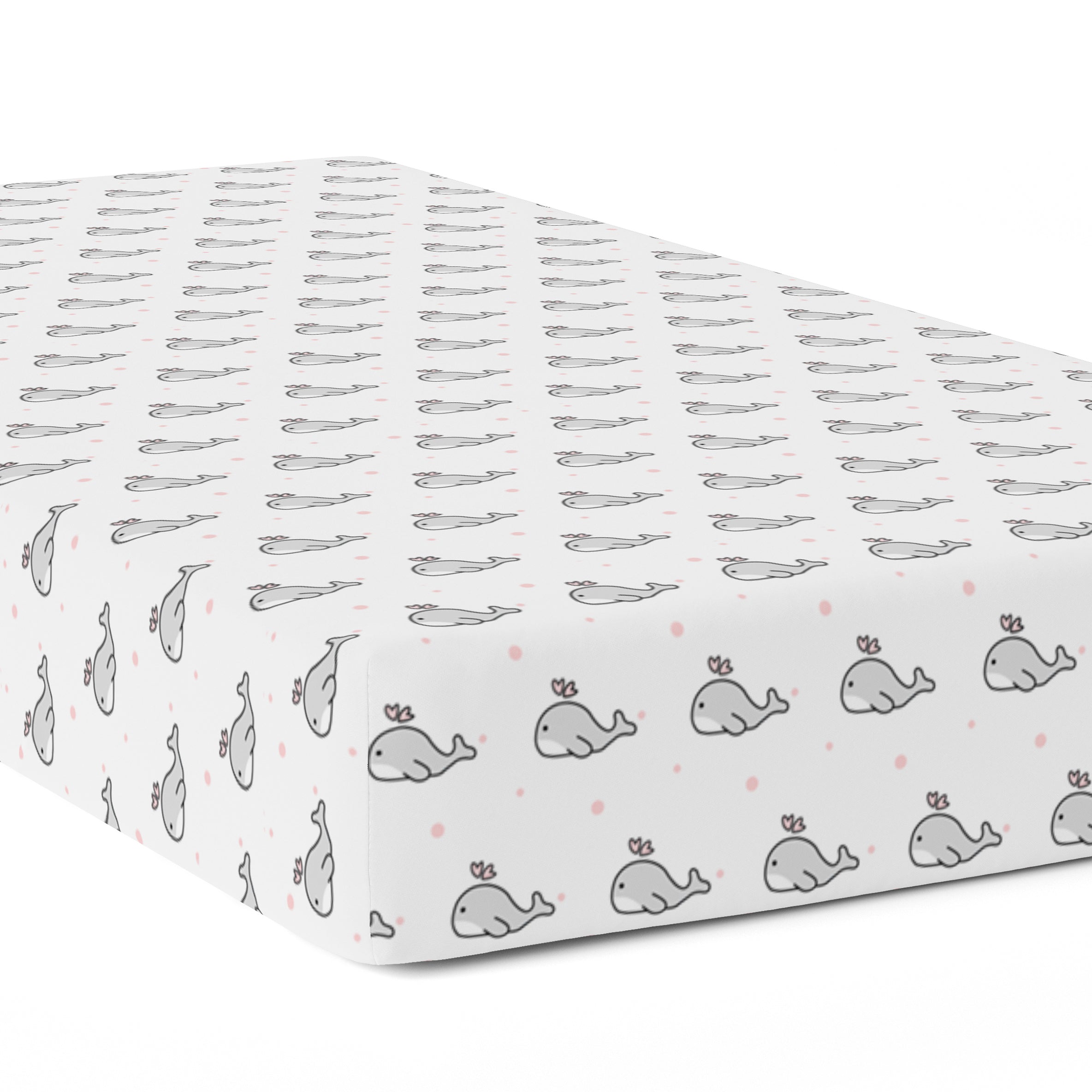 The White Cradle Pure Organic Cotton Fitted Cot Sheet for Baby Crib 28 x 52 inch - Grey Whale with Pink Dots (Large)