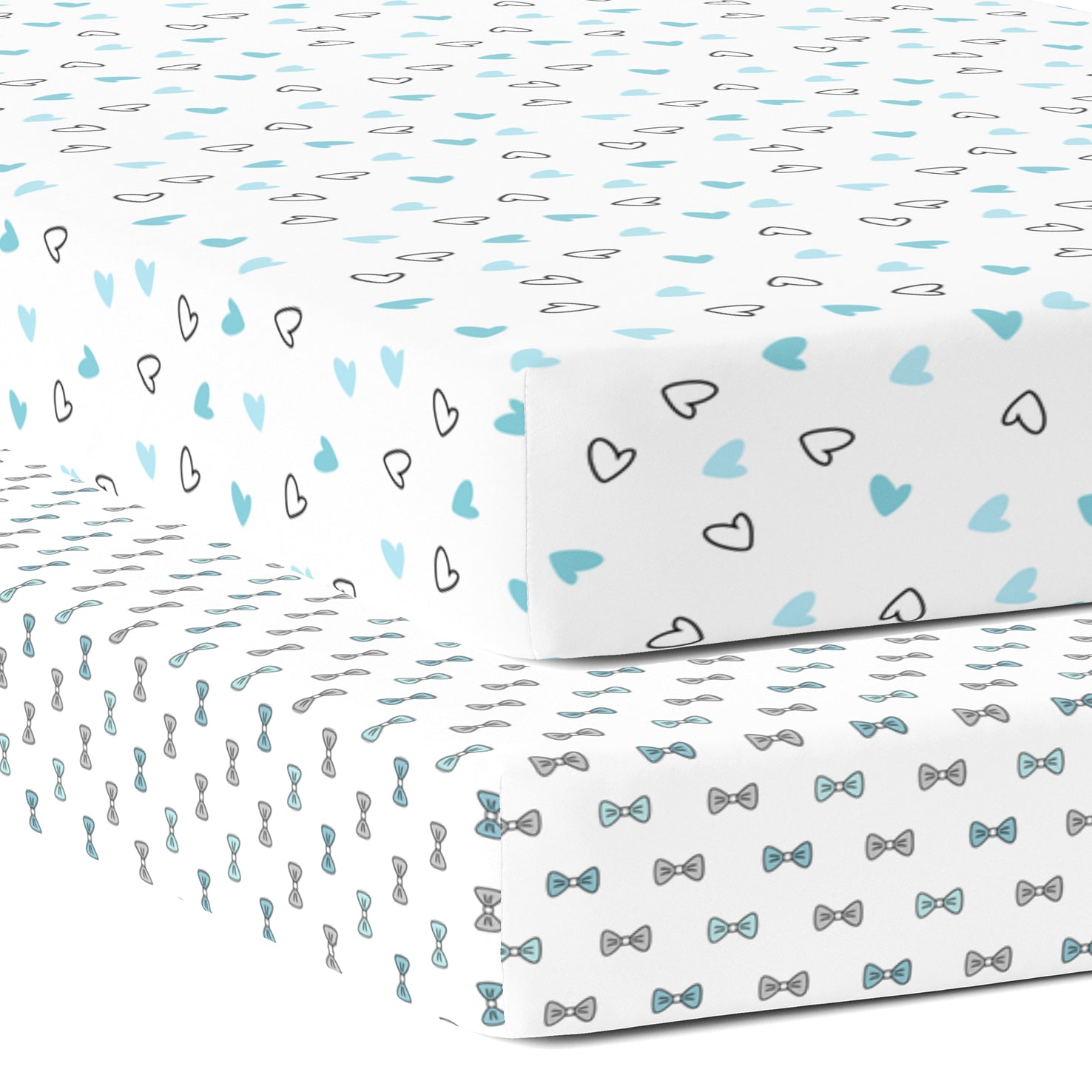 The White Cradle 100% Organic Cotton Crib Fitted Sheets for Baby - Blue Hearts and Bows (Large)