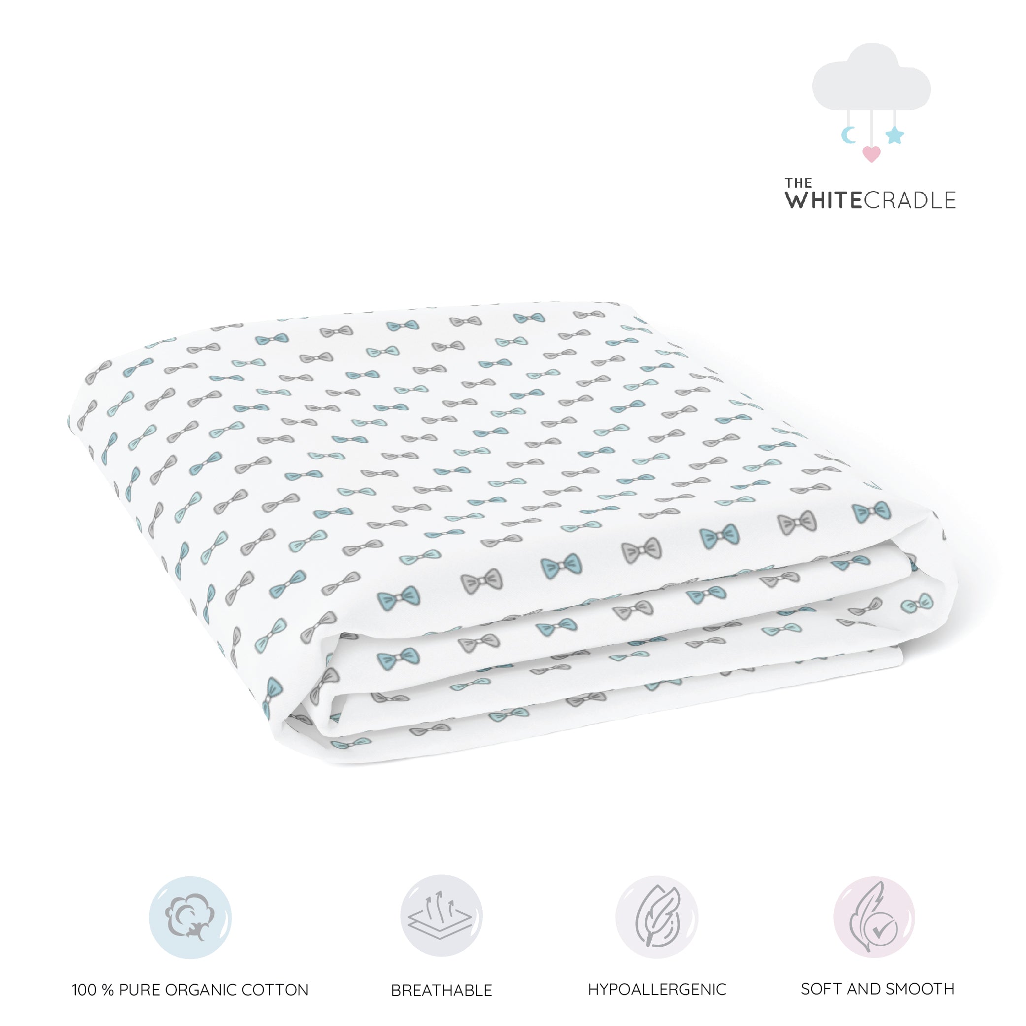 The White Cradle 100% Organic Cotton Crib Fitted Sheets for Baby - Blue Hearts and Bows (Medium)