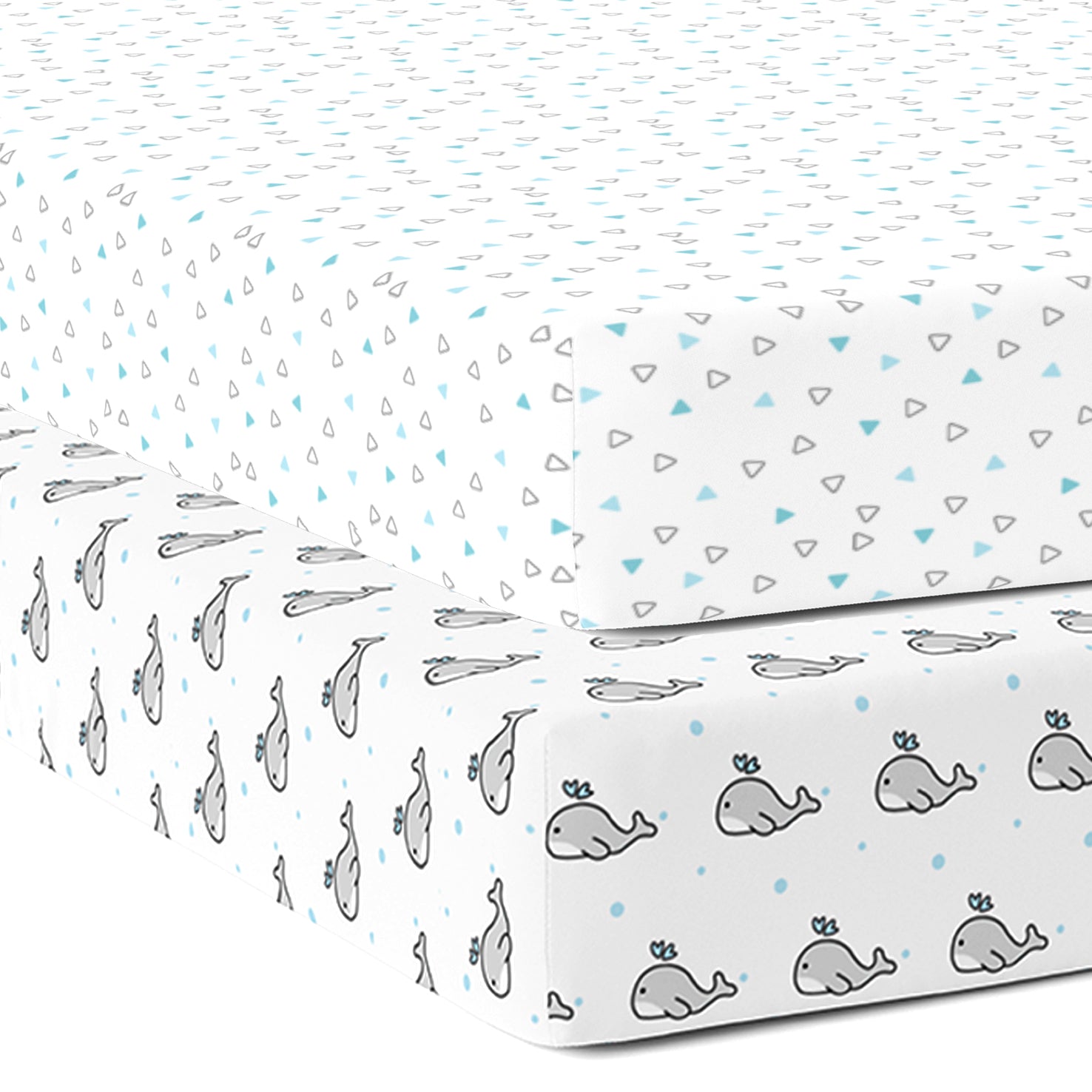 The White Cradle 100% Organic Cotton Crib Fitted Sheets for Baby - Blue Whale and Triangles (Large)