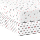 The White Cradle 100% Organic Cotton Crib Fitted Sheets for Baby - Pink Hearts and Bows (Large)