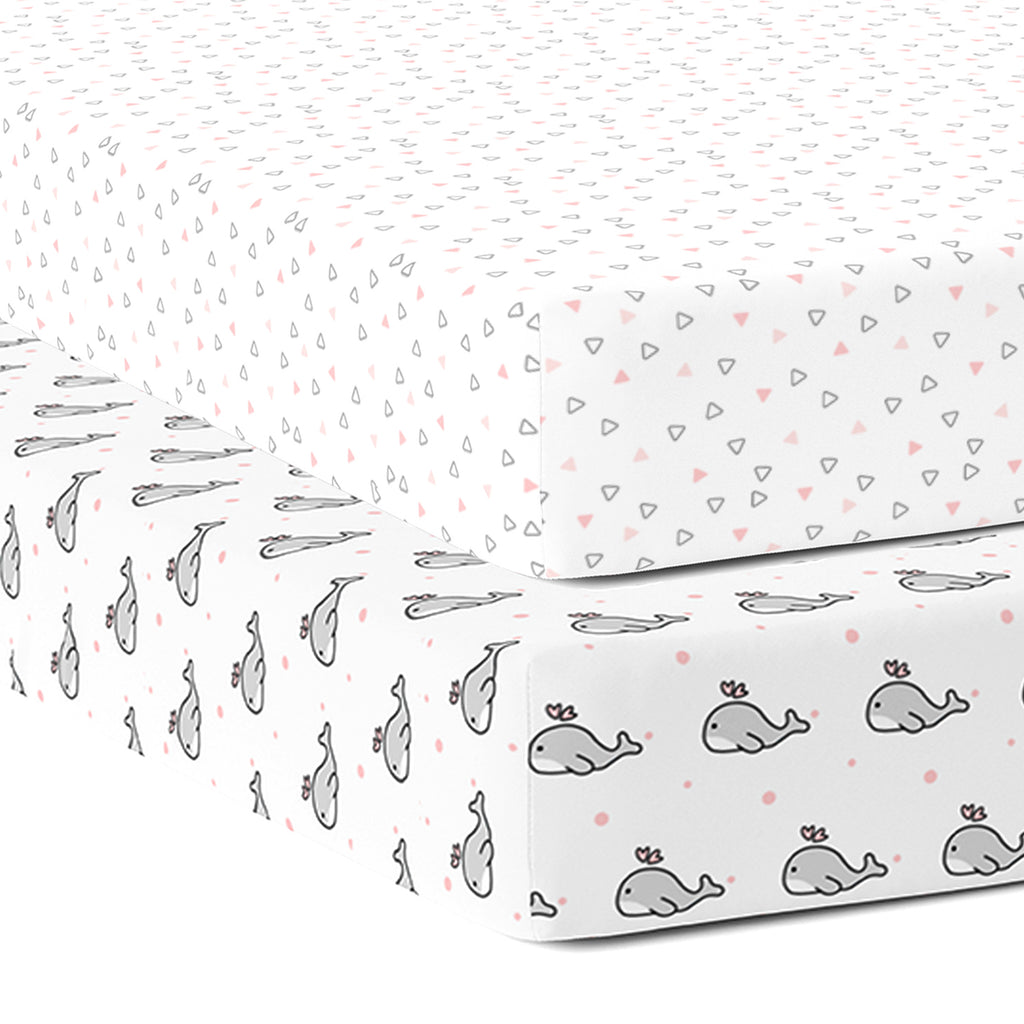 The White Cradle 100% Organic Cotton Crib Fitted Sheets for Baby - Pink Whale and Triangle (Medium)