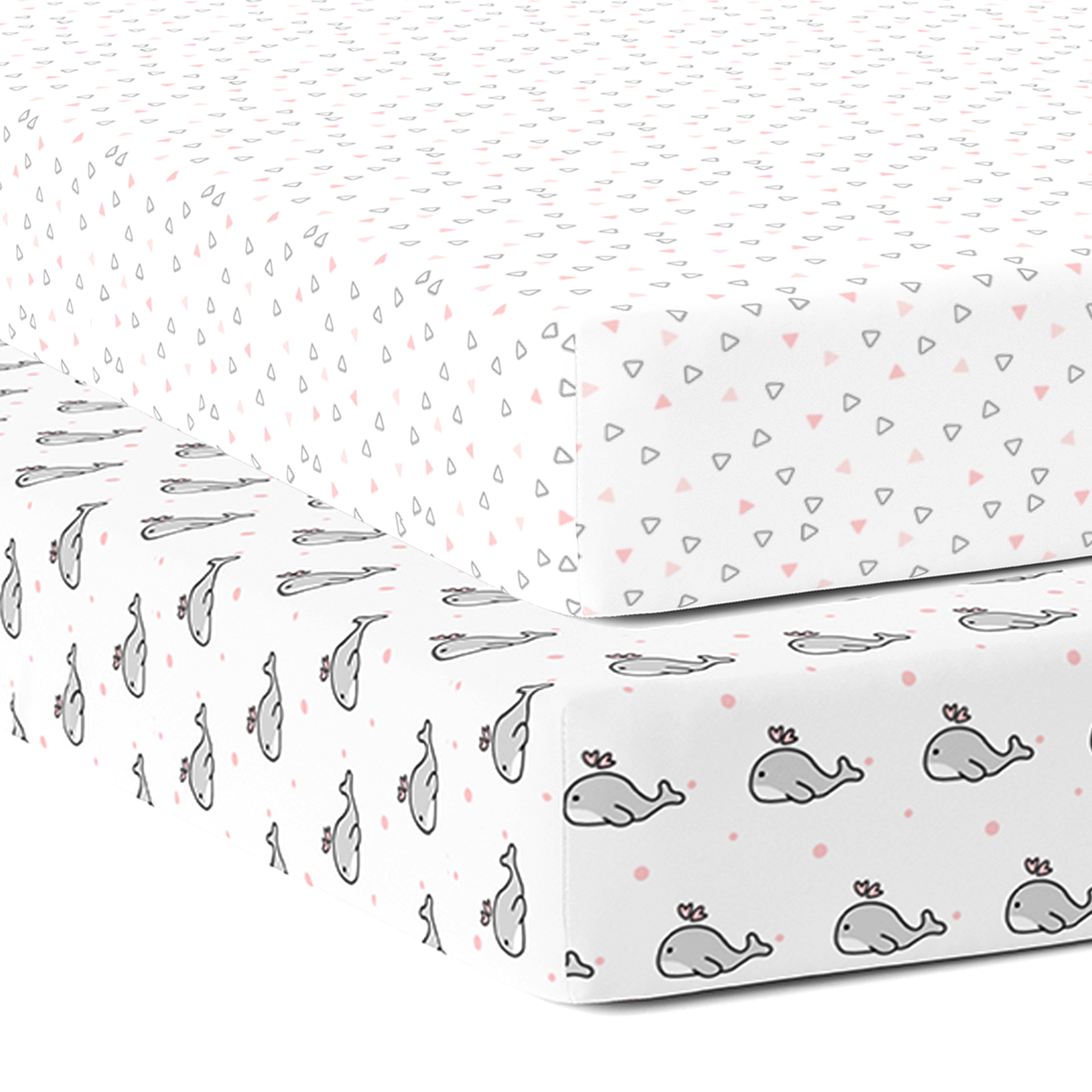 The White Cradle 100% Organic Cotton Crib Fitted Sheets for Baby - Pink Whale and Triangle (Large)