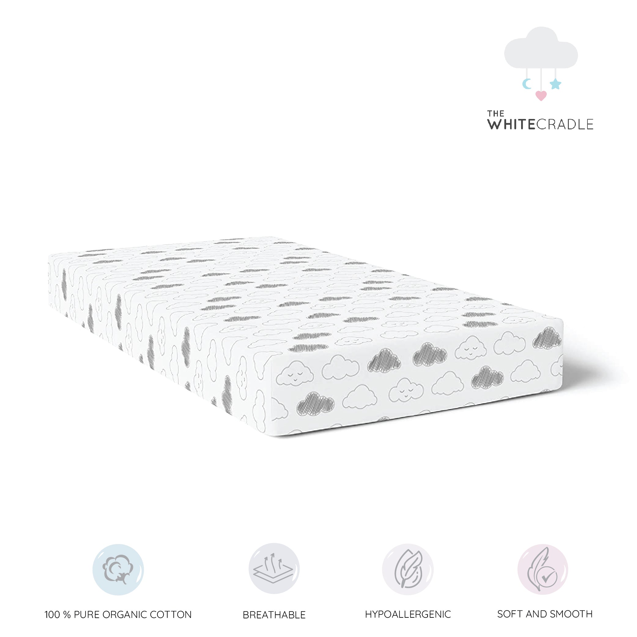 The White Cradle Pure Organic Cotton Fitted Cot Sheet for Baby Crib 24 x 48 inch - Grey Clouds (Medium)