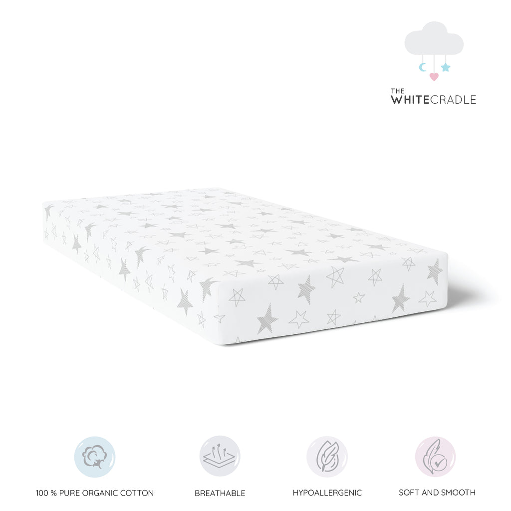 The White Cradle 100% Organic Cotton Crib Fitted Sheets for Baby - Star & Clouds (Large)