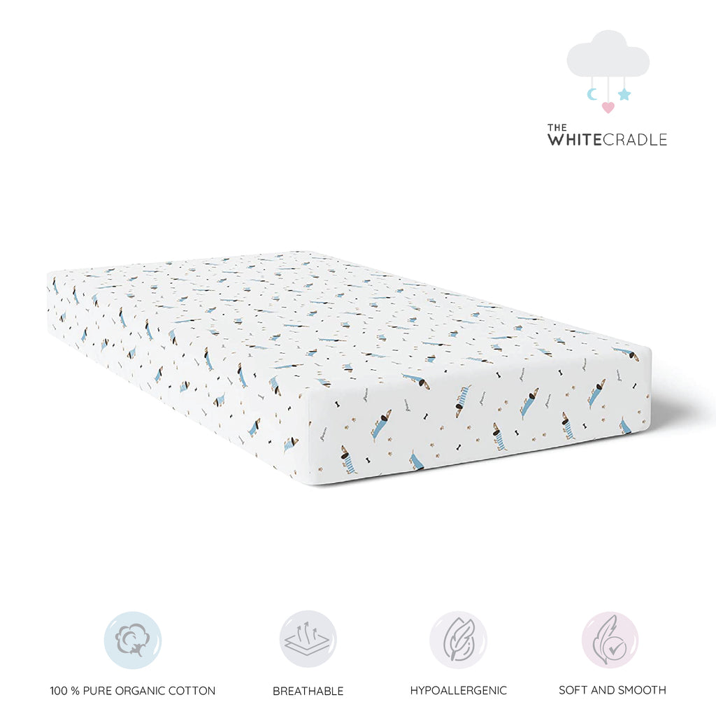 The White Cradle Pure Organic Cotton Fitted Cot Sheet for Baby Crib 28 x 52 inch - Boy Poodle (Large)