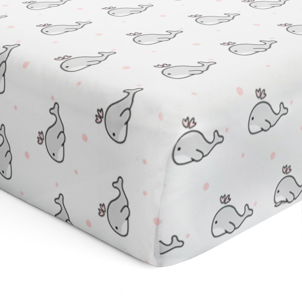 The White Cradle Flat Bed Sheet for Baby Cot & Mattress - Grey Whale with Pink Dots