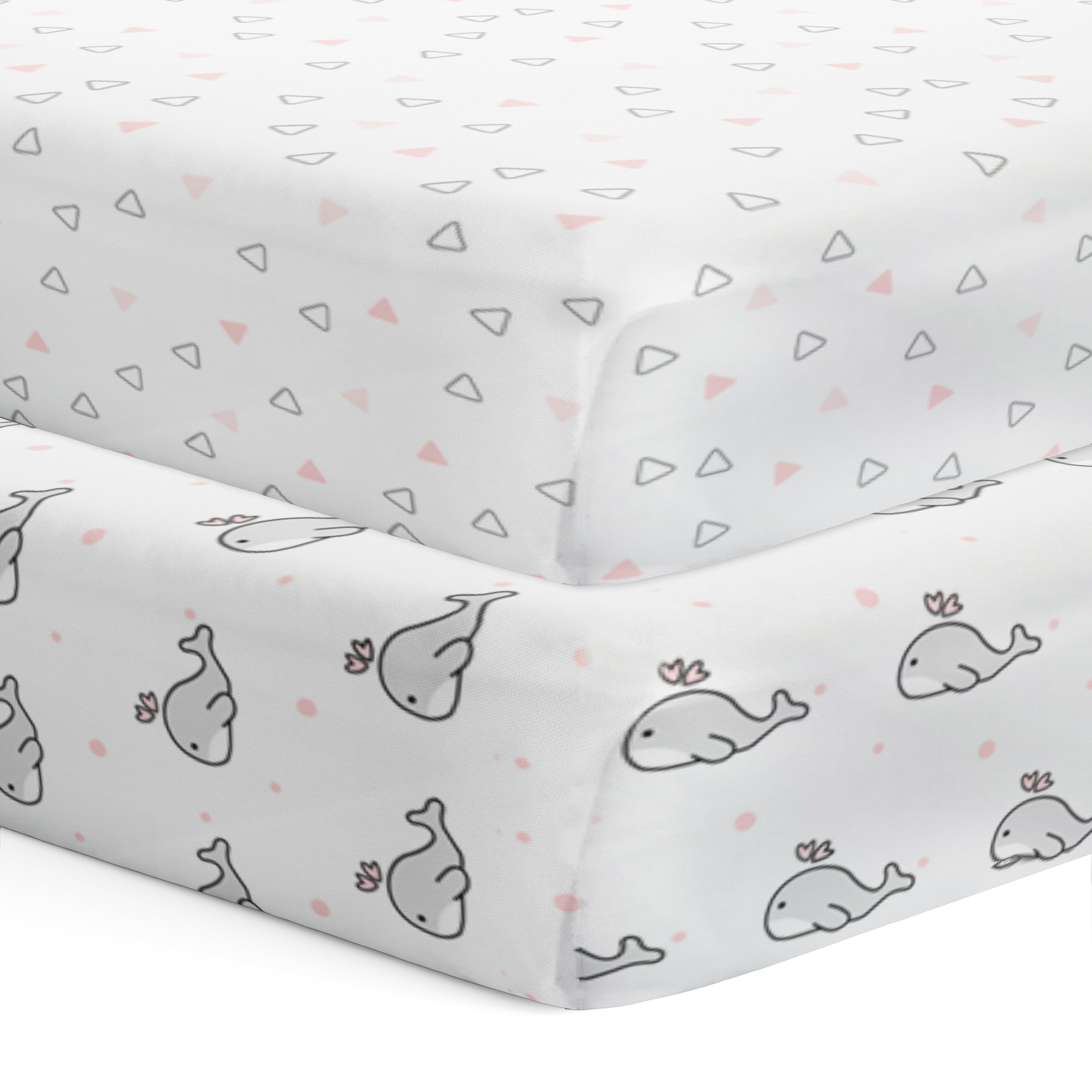 The White Cradle Flat Bed Sheet for Baby Cot & Mattress (2 pcs pack) - Pink Whale and Triangle