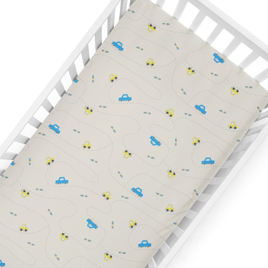 The White Cradle Flat Bed Sheet for Baby Cot & Mattress - Pure Organic Cotton - Extra Large, Super Soft & Smooth, Absorbent, Breathable Twill Fabric for Infants & Newborns - Grey Cars