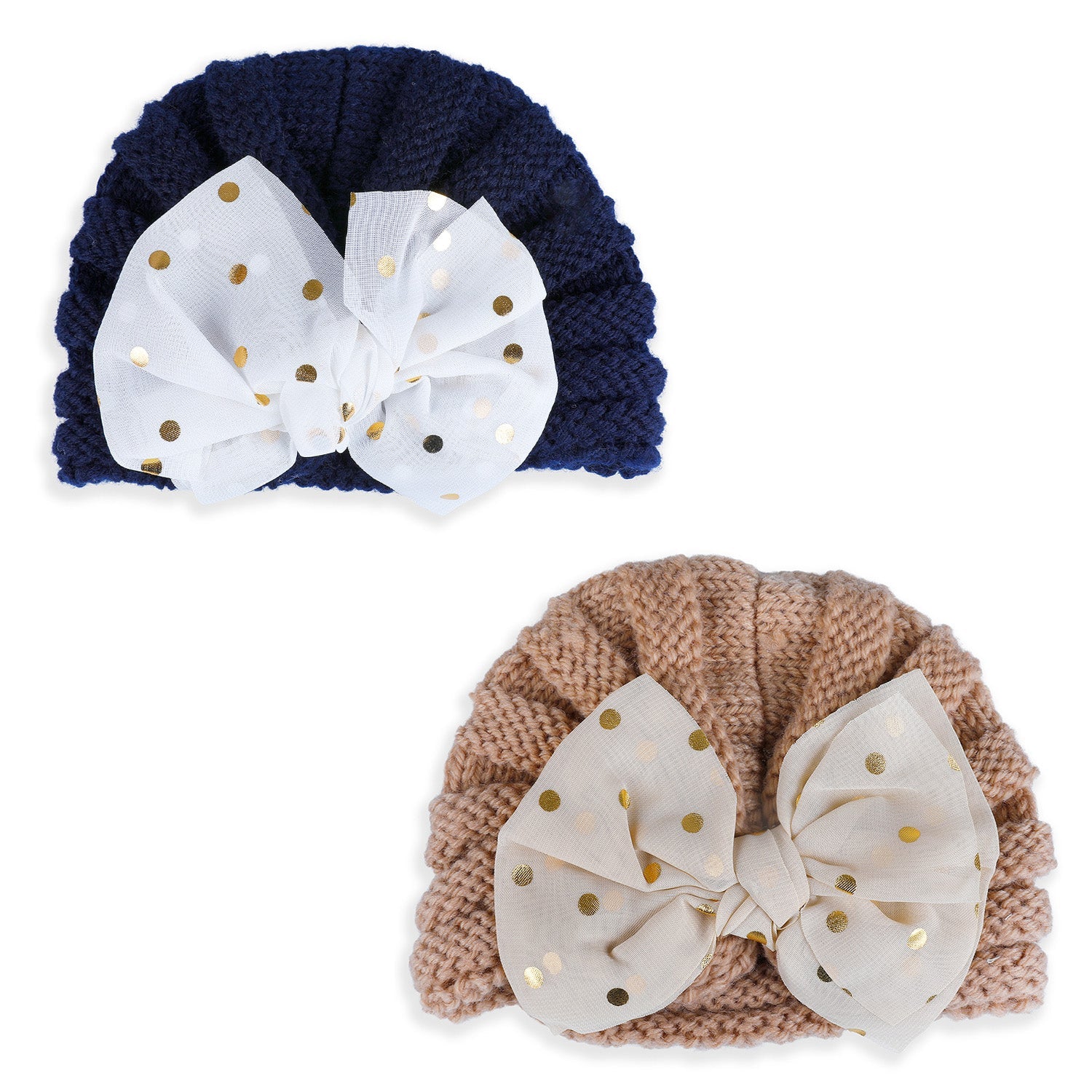 Baby Moo Partywear Sequence Bow 2 Pack Turban Caps - Brown And Navy Blue