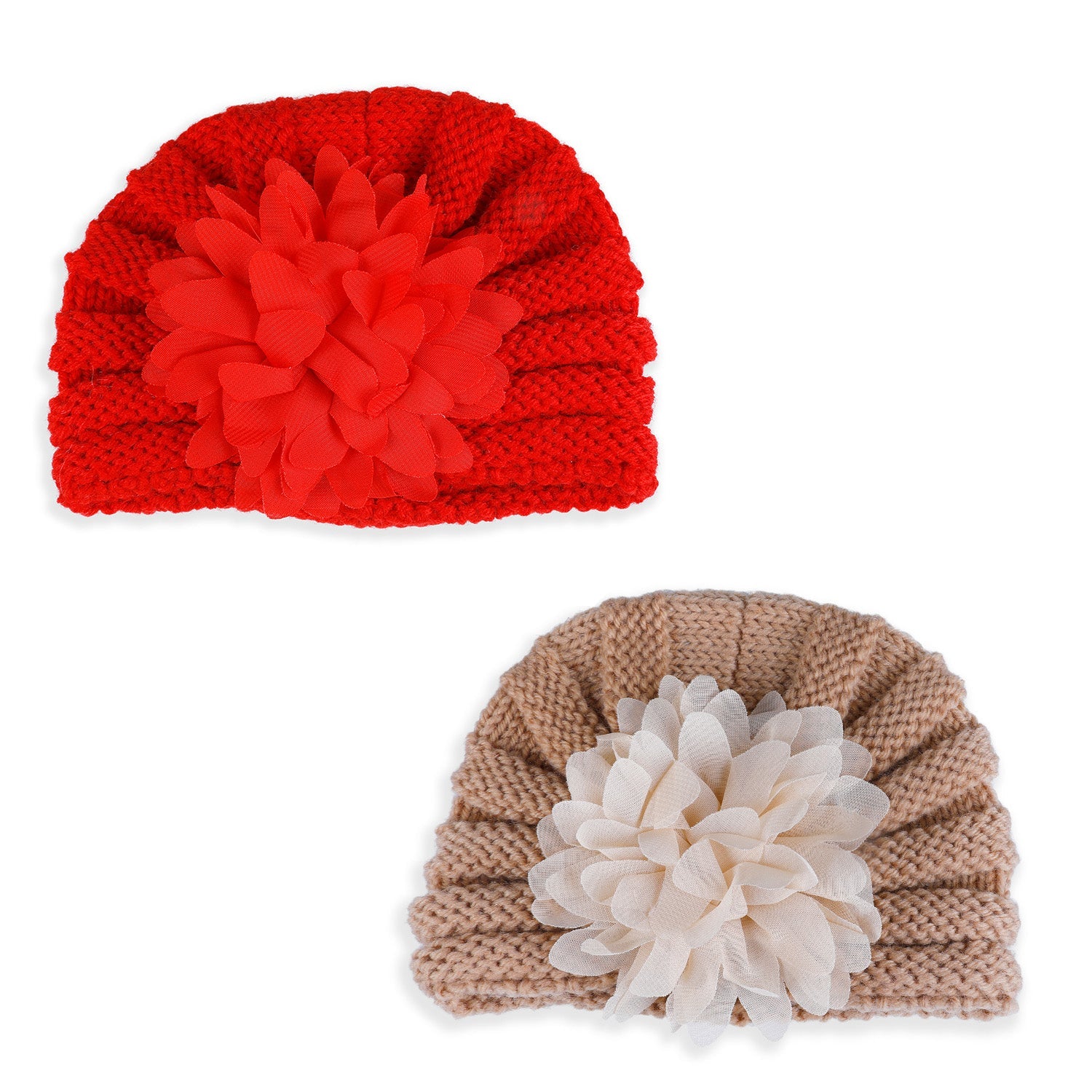 Baby Moo Floral Petals 2 Pack Turban Caps - Red And Brown