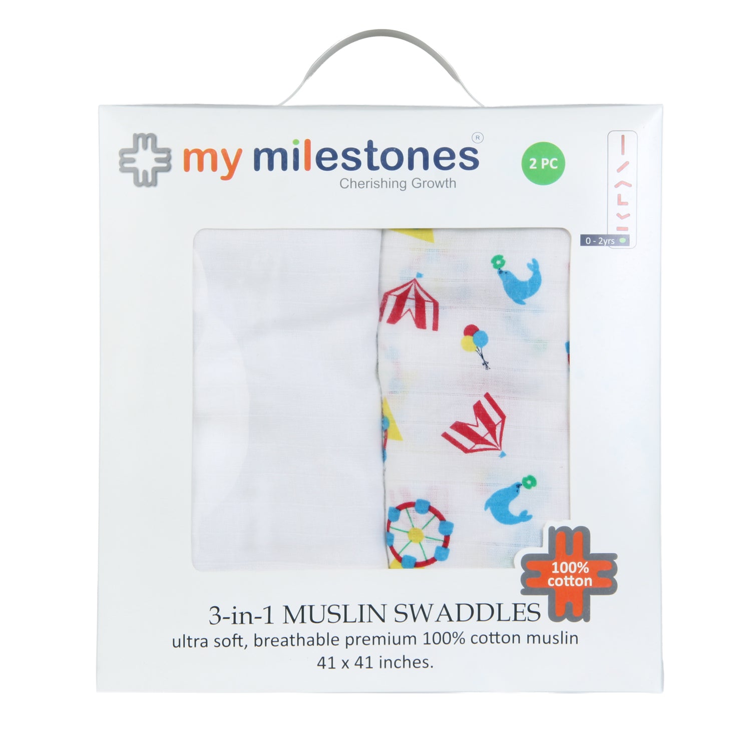 My Milestones 100% Cotton 3 In 1 Muslin Double Cloth (2 Layers) Baby Swaddle Wrapper - Pack Of 2 - Carnival T. Blue