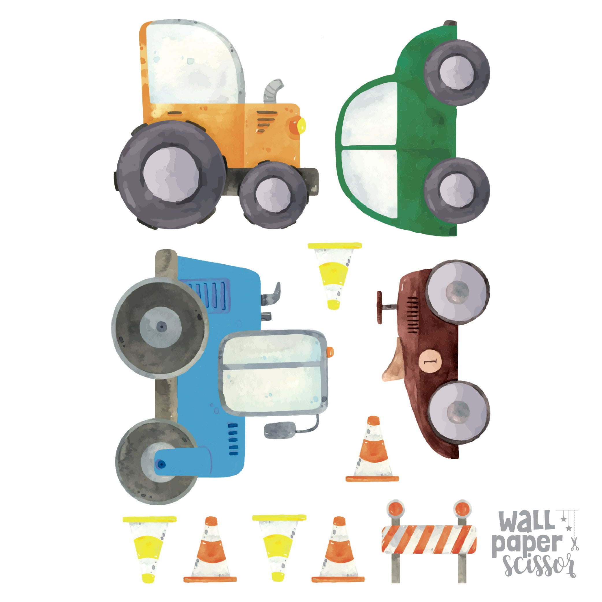 Watercolour Road Transport Wall Stickers