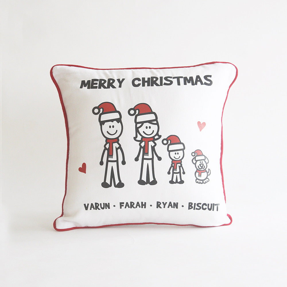 Personalised Christmas Stick Figure Cushion - 4 People/Pets