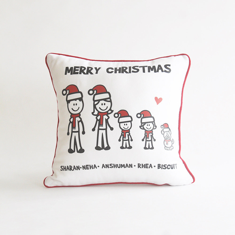 Personalised Christmas Stick Figure Cushion - 5 People/Pets