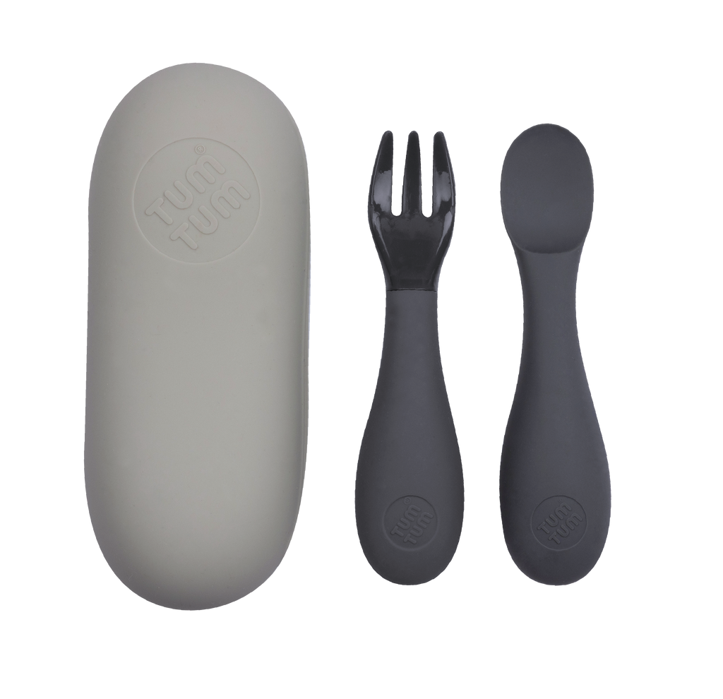 TUM TUM Baby Cutlery With Case, Baby Spoon & fork Set, Baby Cutlery For Babies, First Self Feeding Cutlery, 6m+,Grey