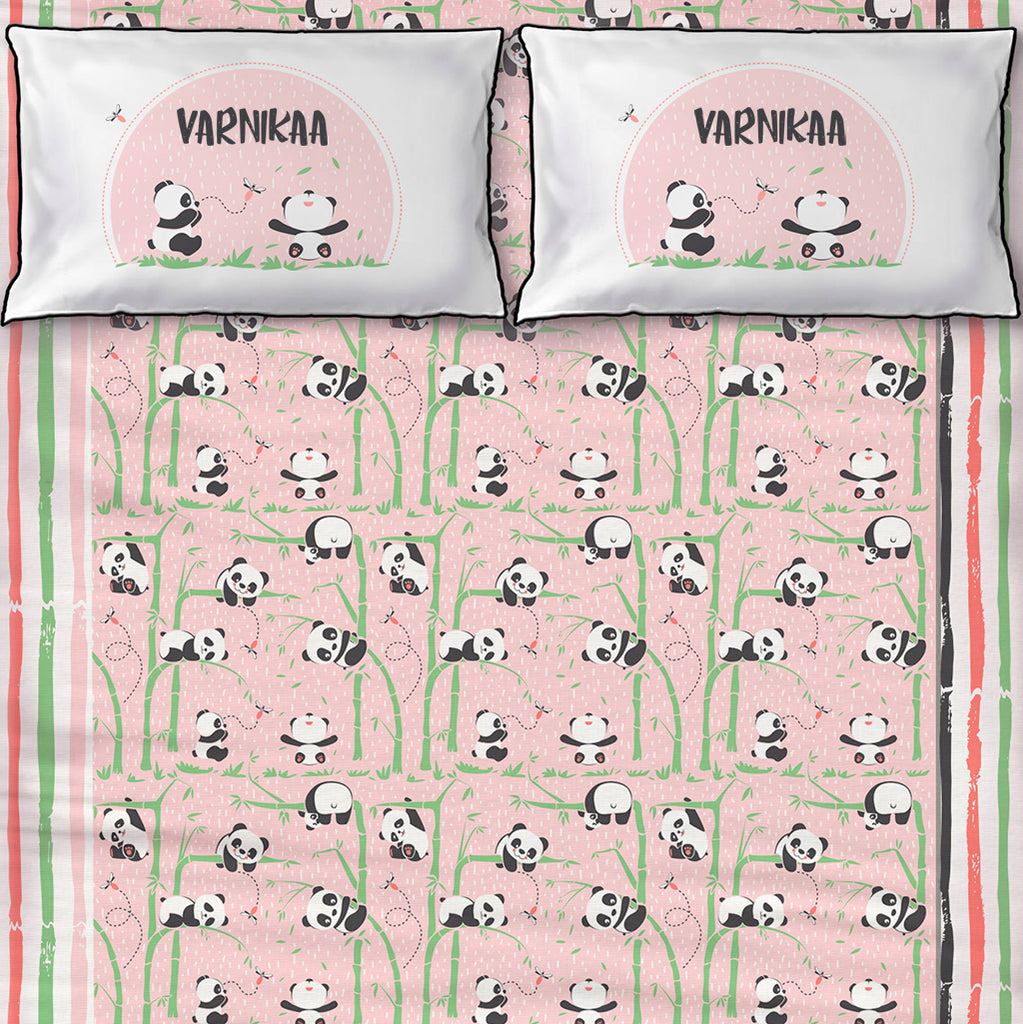 Bedsheet Set - Panda Village, Pink - Single/Double Bed Sizes Available