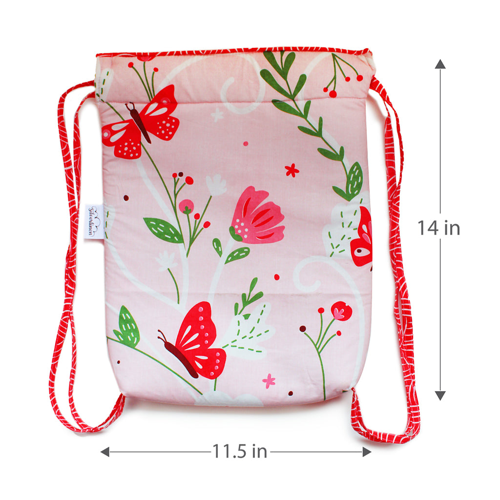 Cotton Drawstring Bag With Waterproof Lining - Flowers & Butterflies