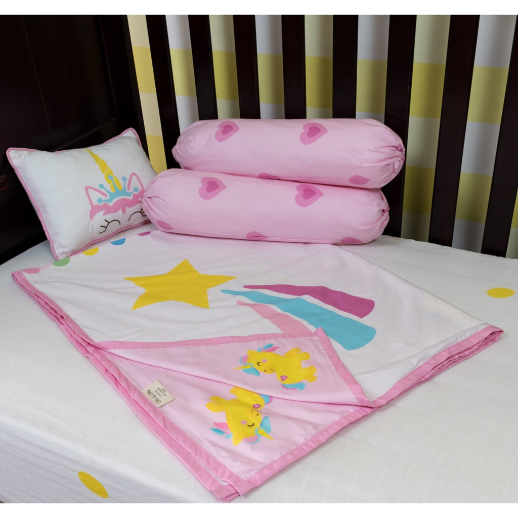 Little By Little Unicorn World Cot Bedding Set with Dohar Blanket, Pink