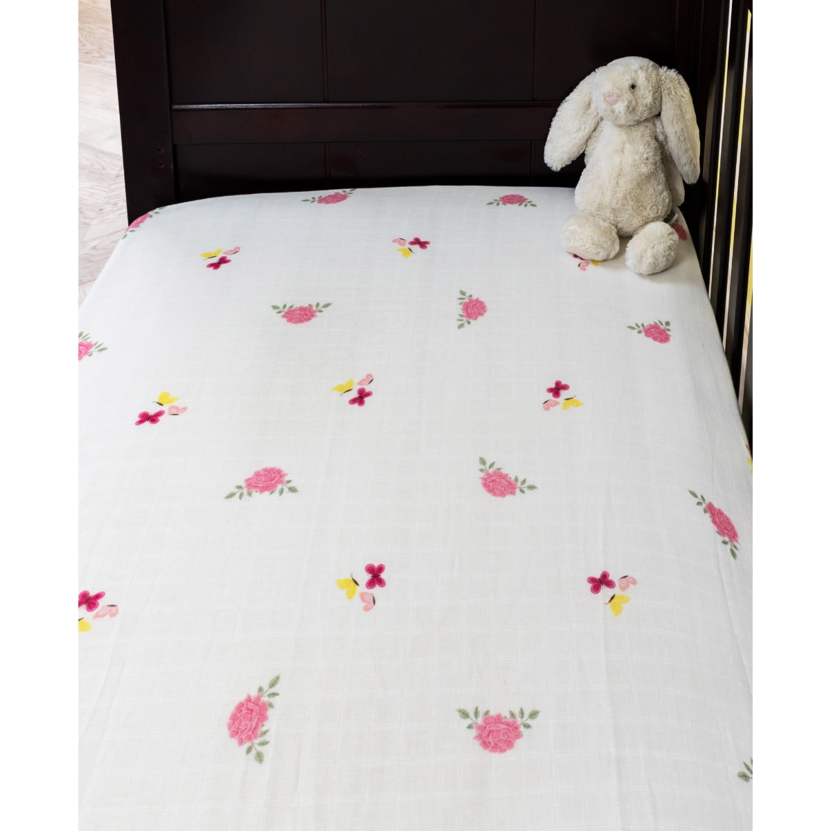Little By Little Floral & Flutter Baby Cot Fitted Sheet, White