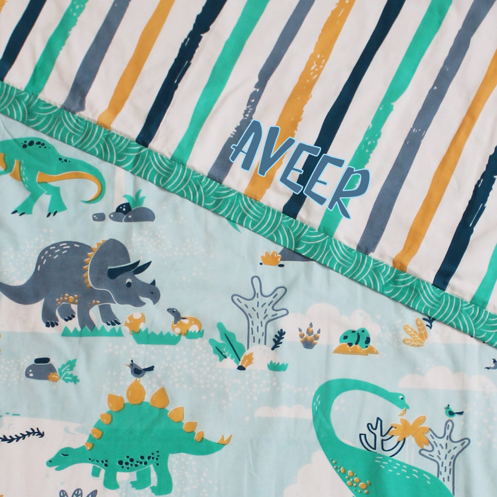 100% Cotton Reversible Single Blanket Dohar - Snooze & Roar Dinosaur