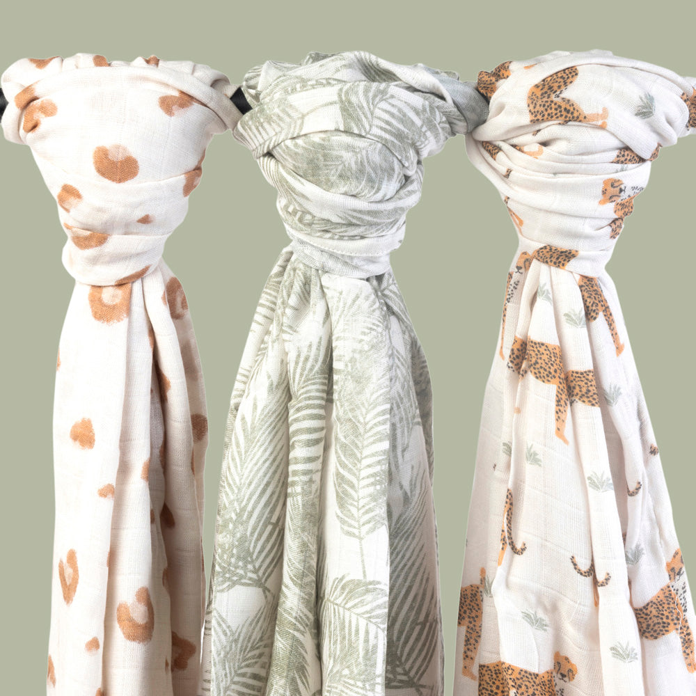 Pack of 3 Bamboo Muslin Swaddles - Safari