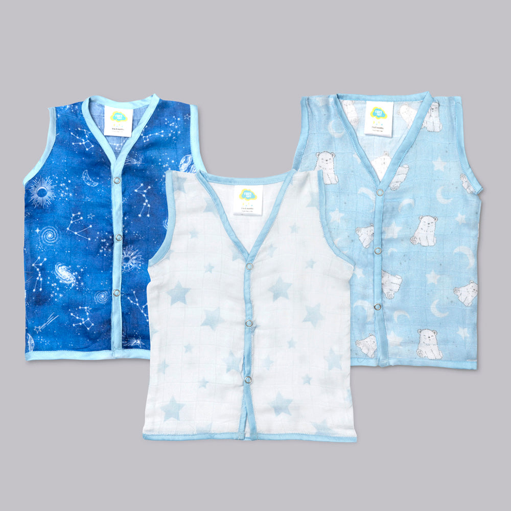 Fancy Fluff Pack of 3 Bamboo Muslin Jhablas - Starry Night - New Born to 9 Months