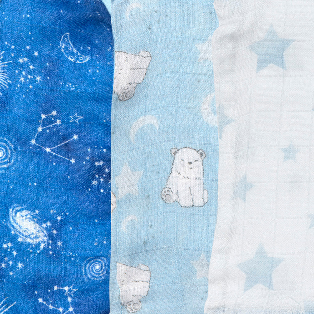 Fancy Fluff Pack of 3 Bamboo Muslin Jhablas - Starry Night - New Born to 9 Months