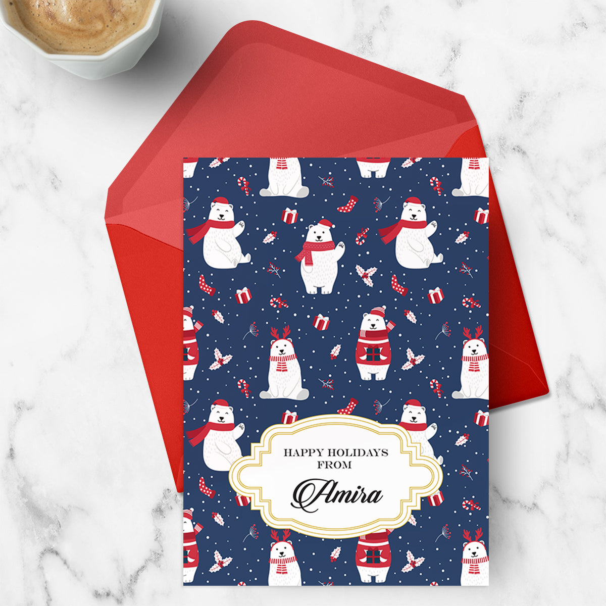 Personalised Merry Polar Bears - Navy  Greeting Card