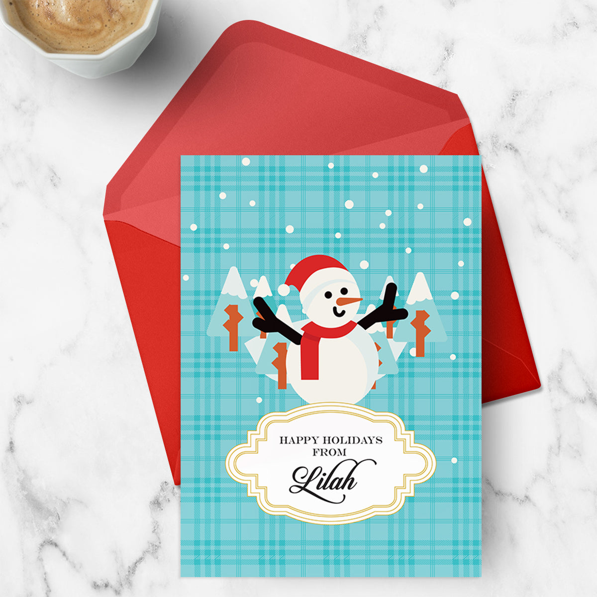 Personalised Merry Snowman Blue Greeting Card