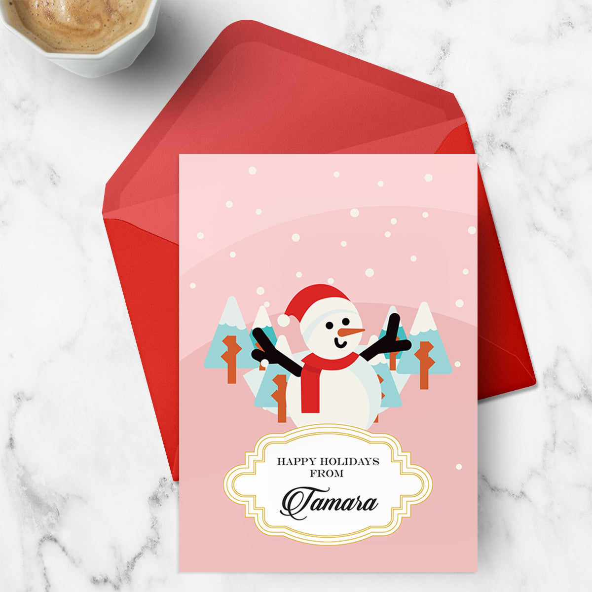 Personalised Merry Snowman Pink Greeting Card