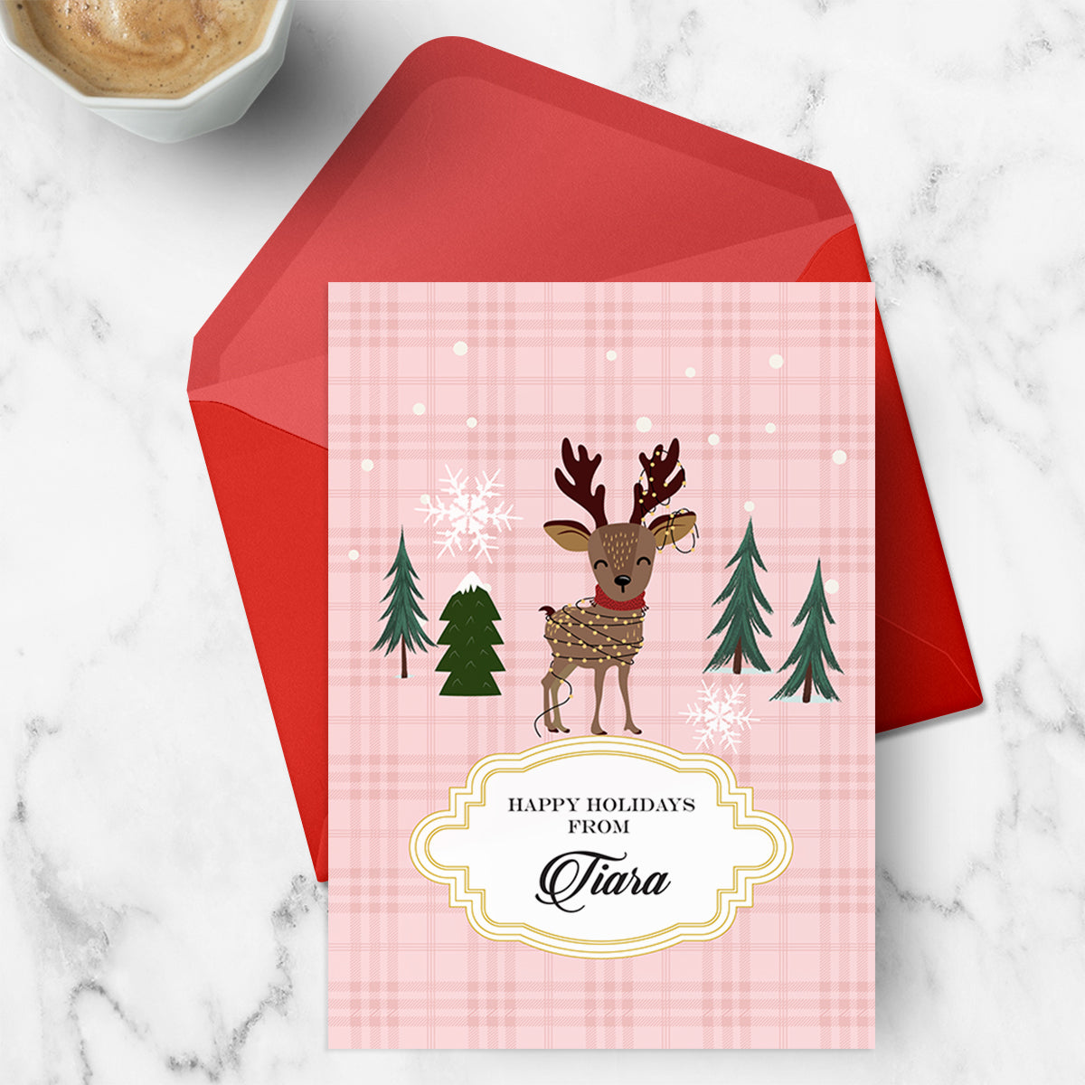 Personalised Rudolph in Christmas Lights Greeting Card