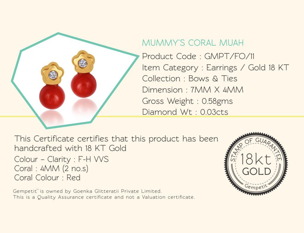 18K Gold Mummy's Coral Muah Earrings, Bows & Ties Collection