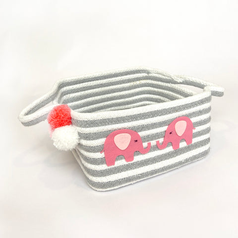 Grey & White Striped Basket - Pink Elephant