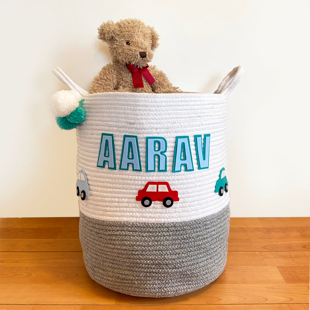 Grey Cotton Rope Storage Baskets - Little Cars, Individual or Set of 2