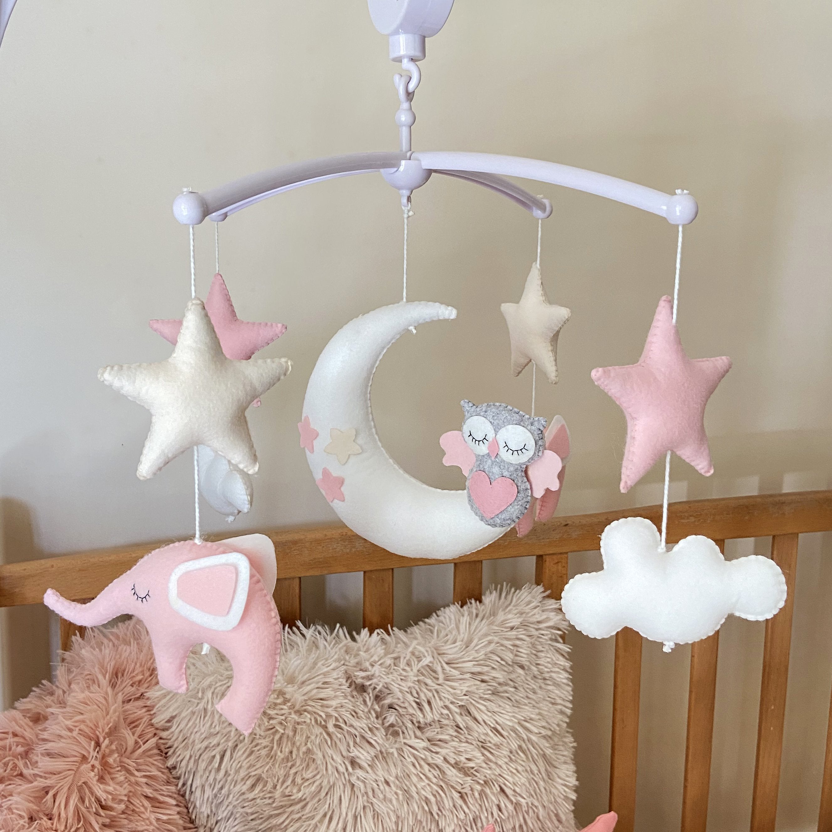 Elephant Owl Moon Cot Mobile, Pink & White