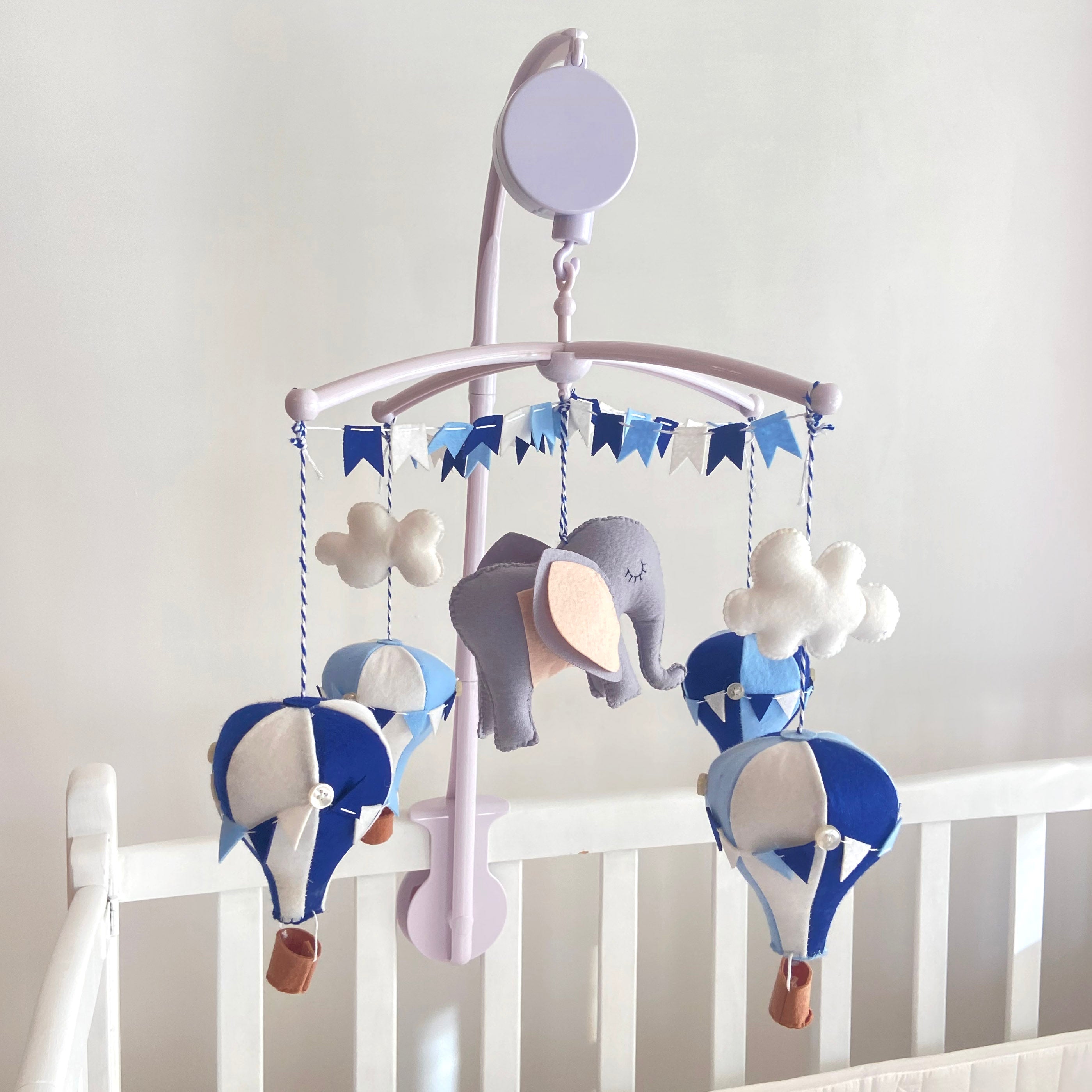 Shades Of Blue Elephant & Hot Air Balloon Cot Mobile
