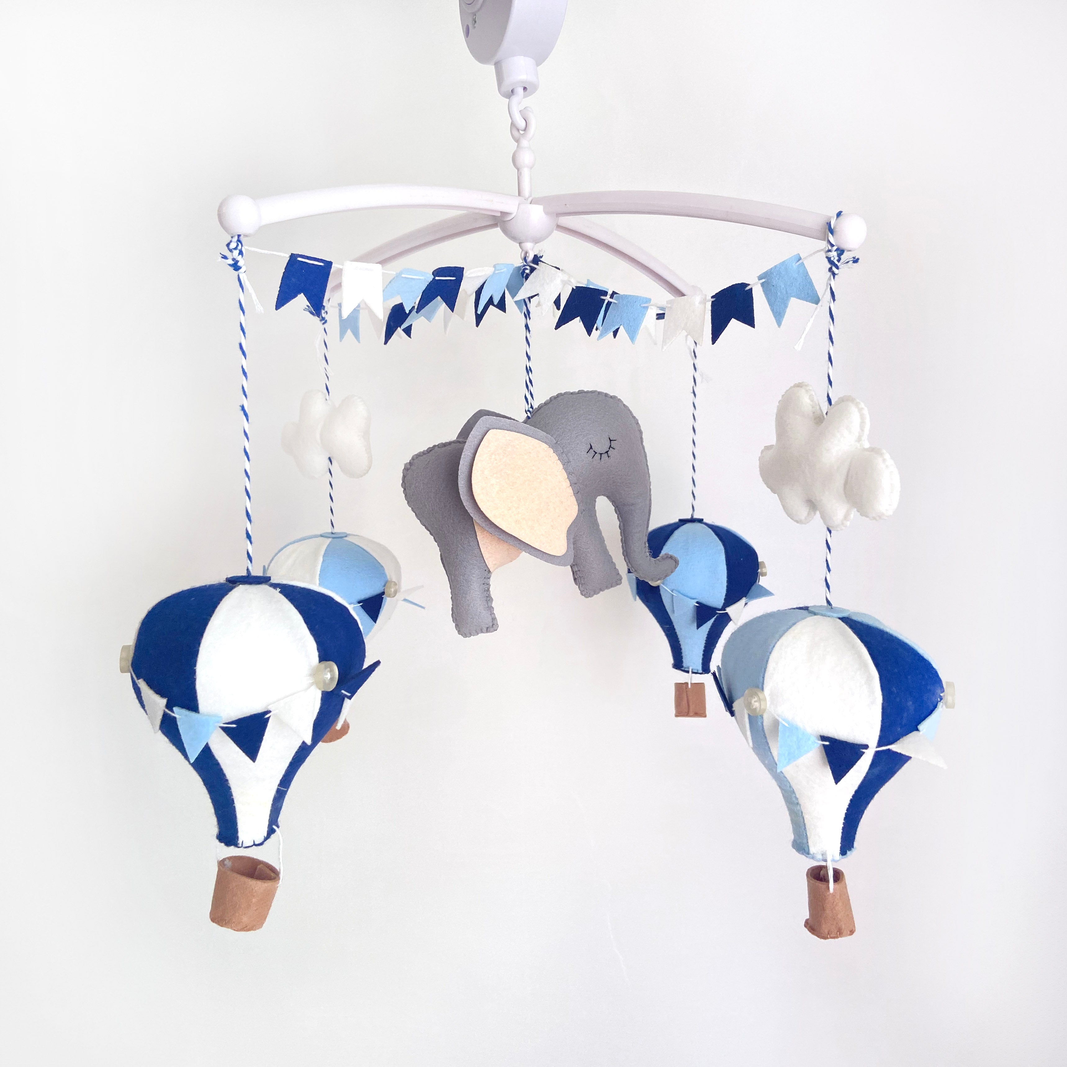 Shades Of Blue Elephant & Hot Air Balloon Cot Mobile