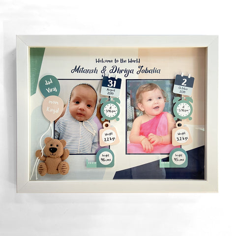 Birth Statistics Frame for Twins or Siblings - Teddy