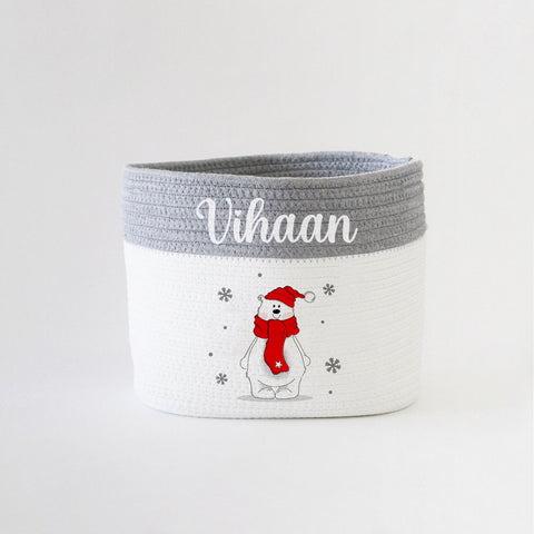 Personalised Christmas Basket - Small - Polar Bear - Grey