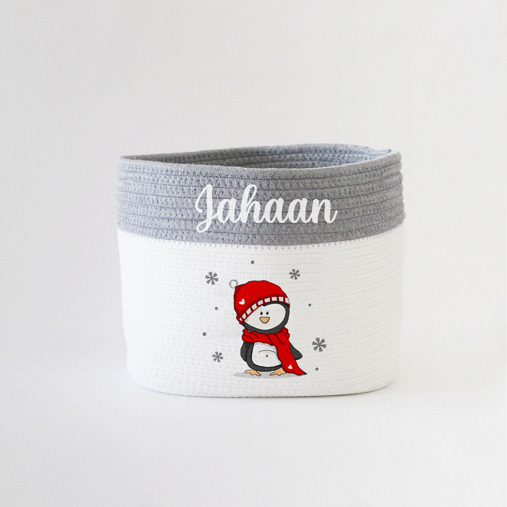 Personalised Christmas Basket - Small - Penguin - Grey