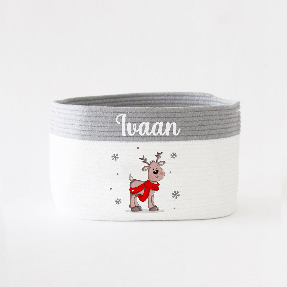 Personalised Christmas Basket - Medium - Reindeer - Grey