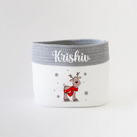 Personalised Christmas Basket - Small - Reindeer - Grey