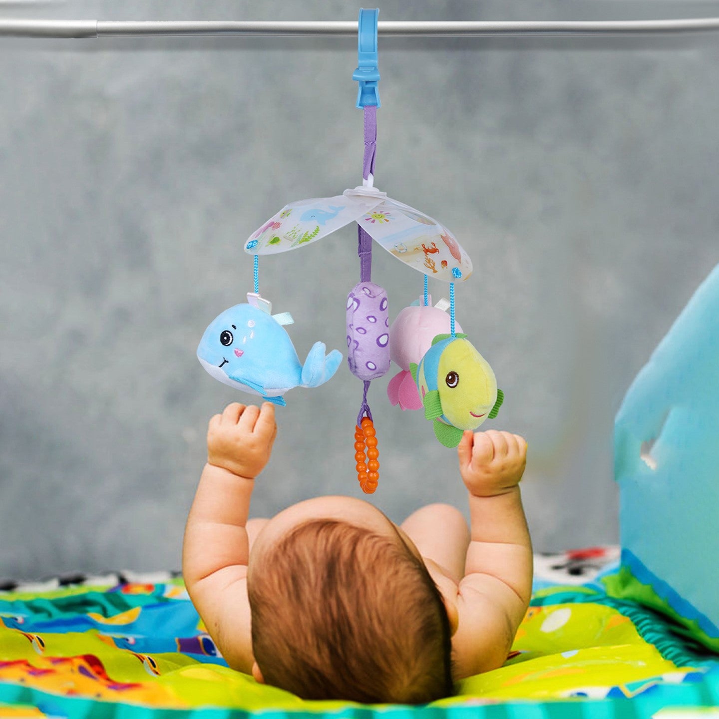 Baby Moo Ocean Friends Clip-On Foldable Rotating Wind Chime Cot Mobile With Hanging Rattle Toys - Multicolour