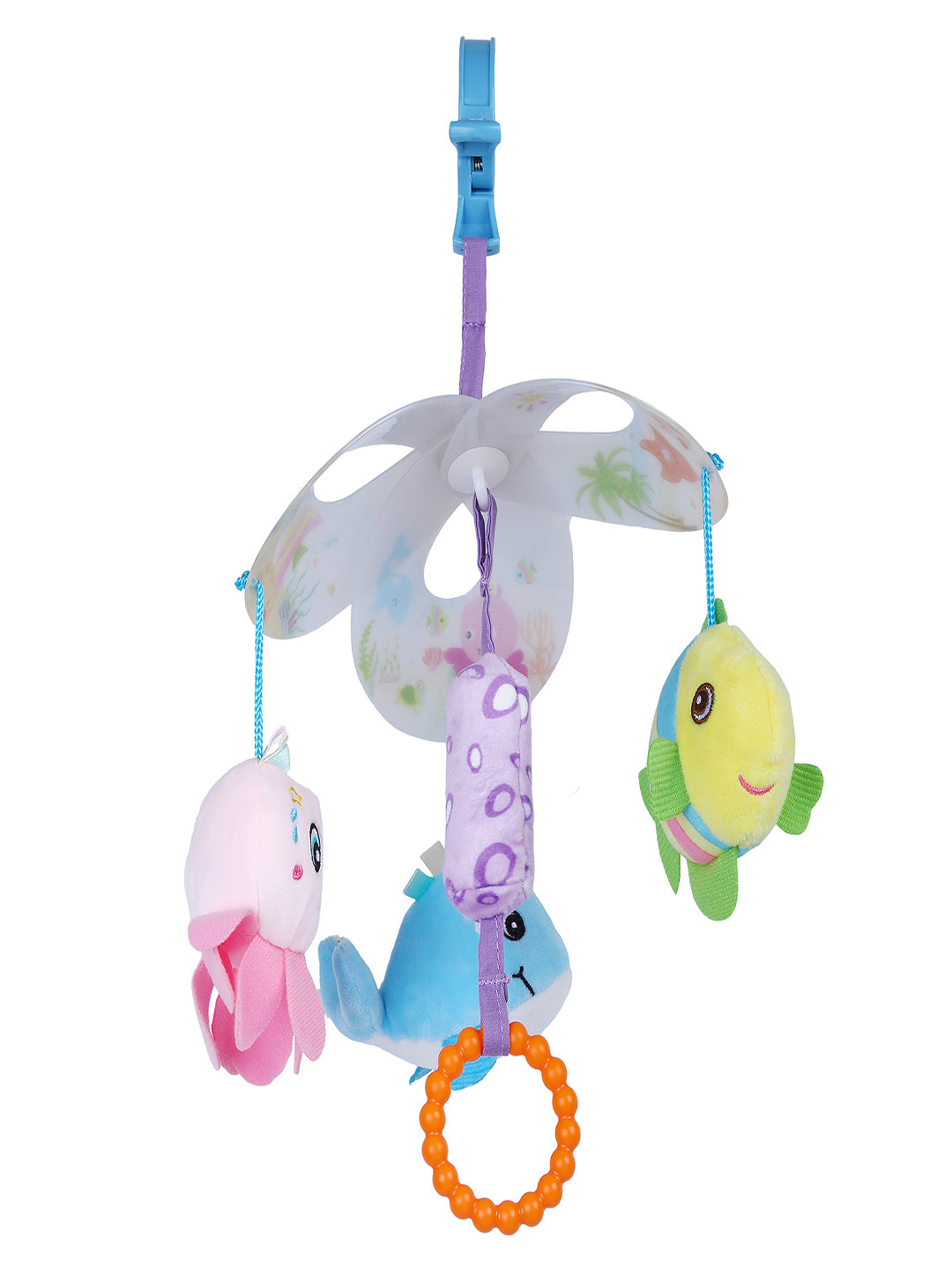 Baby Moo Ocean Friends Clip-On Foldable Rotating Wind Chime Cot Mobile With Hanging Rattle Toys - Multicolour