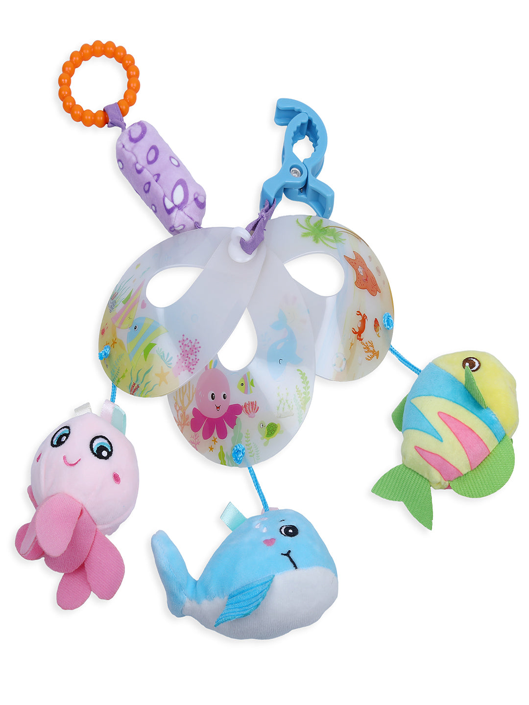 Baby Moo Ocean Friends Clip-On Foldable Rotating Wind Chime Cot Mobile With Hanging Rattle Toys - Multicolour